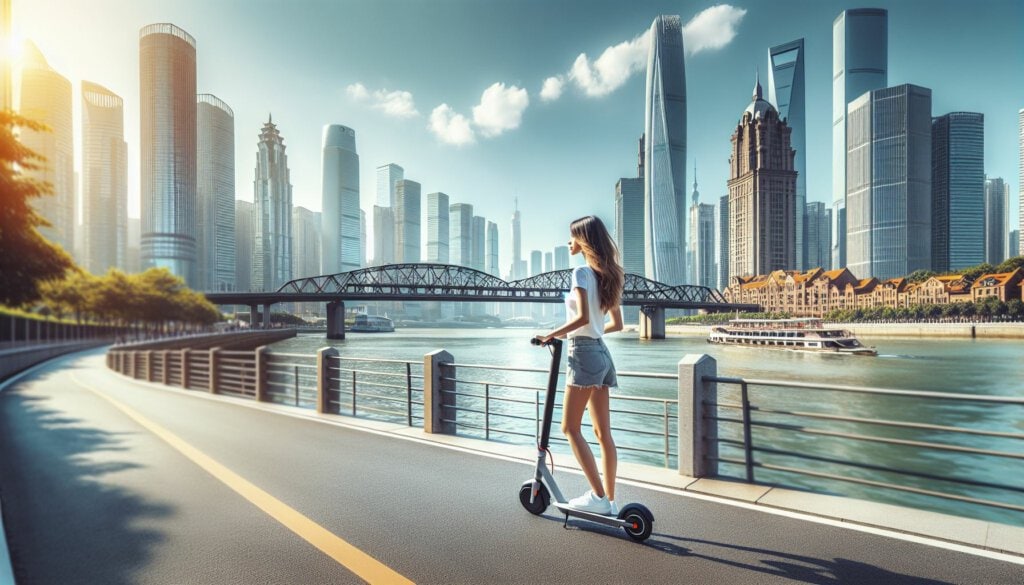 Eine Frau fährt mit einem E-Roller auf einer Brücke in der Stadt.
