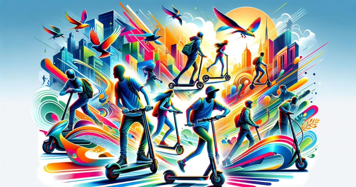 Eine farbenfrohe Illustration von Menschen, die E-Scooter fahren.