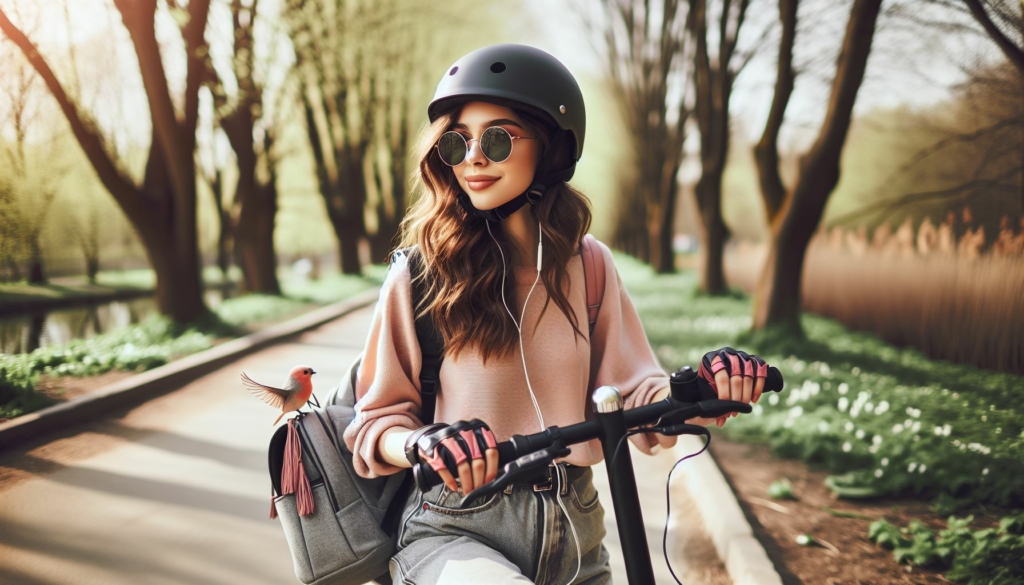 Eine Frau mit Helm fährt auf einem Roller in einem Park und begrüßt die E-Scooter-Innovation.