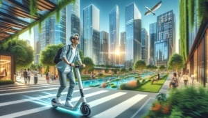 Mann pendelt mit einem E-Scooter in einem modernen Stadtpark mit Wolkenkratzern und Grünflächen.