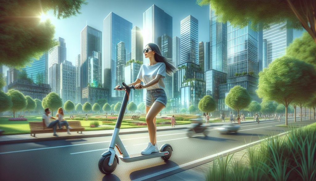Eine Frau fährt auf einem E-Scooter in einem modernen Stadtpark mit Wolkenkratzern im Hintergrund.