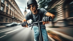 Ein junger Mann mit Helm und Sonnenbrille fährt mit einem Elektroroller eine Stadtstraße entlang, im Hintergrund spürt man Geschwindigkeit und Bewegungsunschärfe.